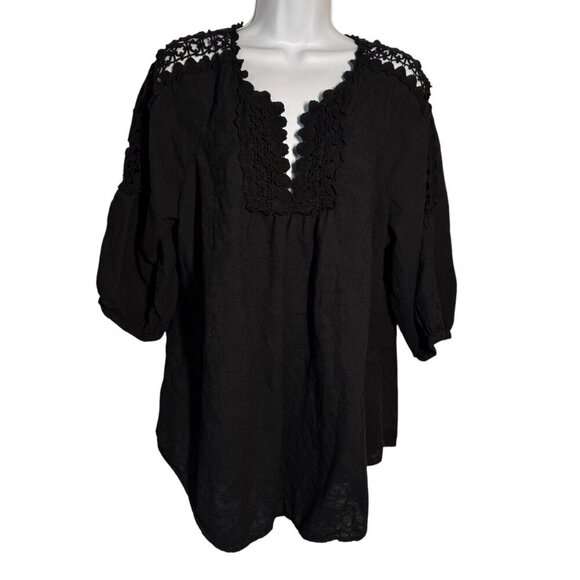 XCVI black tunic top size XL crochet v-neck 3/4 sleeves loose fit cotton - Picture 1 of 8